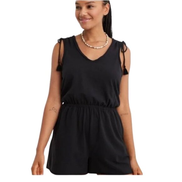 Women's NWT M Aerie Ruched Romper in True Black - Picture 1 of 11